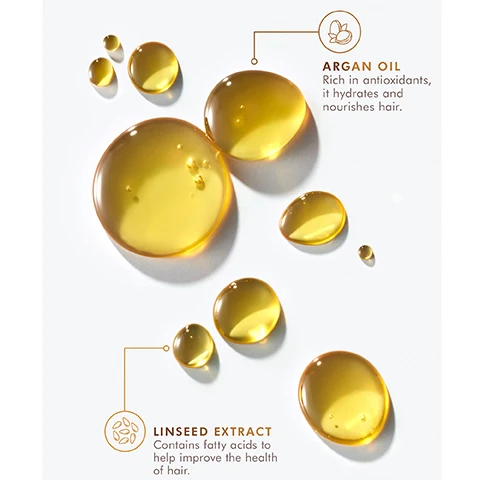 Image 1, argan oil, rich in antioxidants, it hydrates and nourishes hair. linseed extract contains fatty acids to help improve the health of hair. image 2, before and after. increases shine by 118% according to an independent study conducted in january 2020 by TRI princeton