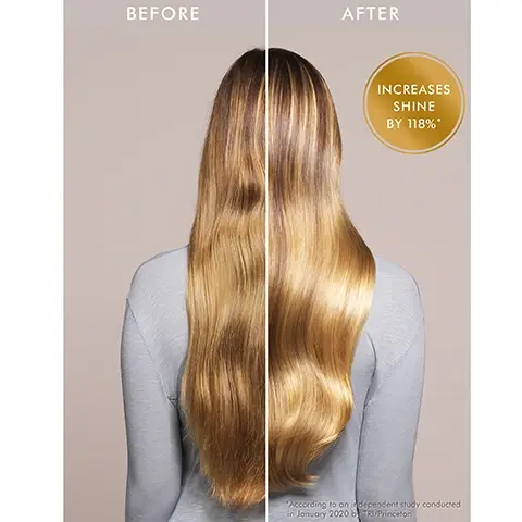 Image 1, before and after. increases shine by 118% according to an independent study conducted in january 2020 by TRI princeton Image 2, argan oil, rich in antioxidants, it hydrates and nourishes hair. linseed extract contains fatty acids to help improve the health of hair. Image 3, PETA approved cruelty free made from 40% recycled glass 