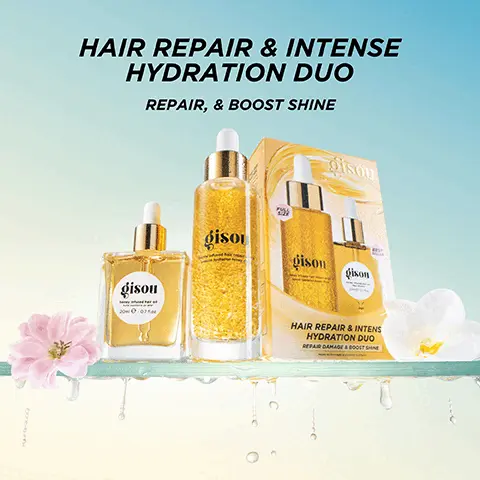 Image 1, HAIR REPAIR & INTENSE HYDRATION DUO REPAIR, & BOOST SHINE gisou honey infused hair oil hulle capillaire au miel 20ml e-0.7 fl.oz. கண்ன் FULL SIZE gisou BEST SELLER giso honey infused hair repair serum intense hydration honey drops gison honey infused hair repair seran Intense hydration honey drops gison honey infused hair oil 20mie-07 filoz HAIR REPAIR & INTENS HYDRATION DUO REPAIR DAMAGE & BOOST SHINE Répare les dommages et augmente la brillance Image 2, ﻿ DRAMATICALLY BOOSTS SHINE & SMOOTH FRIZZ BEFORE DRY HAIR AFTER Image 3, ﻿ REPAIR & INTENSELY HYDRATE BEFORE DAMP HAIR AFTER Image 4, ﻿ 1 1. HAIR REPAIR SERUM Repairs & intensely hydrates 2 HAIR OIL Boosts Shine & Smooth Frizz O isou Toy infused hair repair serum tense hydration honey drops gisou honey infused hair oil huile capillaire au miel 20ml e-0.7 fl.oz. Image 5, ﻿ MIRSALEHI HONEY Sustainably and ethically sourced from our Bee Garden in the Netherlands Rich in vitamins, minerals, amino acids and antioxidants Deeply nourishes to repair and restore
