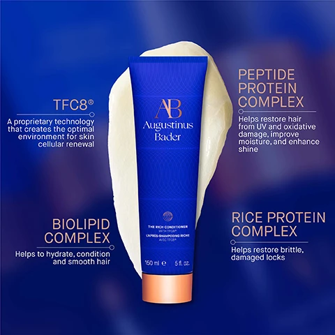 Image 1, TFC8 - a proprietary technology that creates the optimal environment for skin cellular renewal. peptide protein complex - helps restore hair from UB and oxidative damage, improve moisture and enhance shine. biolipid complex - helps to hydrate, condition and smooth hair. rice protein complex - helps restore brittle, damaged locks. image 2, the conditioner - texture = lightweight, cream conditioner. key benefits = hydrating and volumising. key concerns = thinning, shedding, breakage and dryness. ideal for = finer hair types. the rich conditioner - texture = rich, silky conditioner. key benefits - nourishing and restoring. key concerns = dryness, damage, breakage, split ends, shine, frizz and shedding. ideal for = thicker hair types. image 3, step 1 = apply to clean, damp hair. work through the length of hair starting from the mid shaft or scalp as needed. step 2 = rinse thoroughly after 1-2 minutes. image 4, how to use. 1 = cleanse with the rich shampoo. 2 = condition with the rich conditioner. 3 = renew with the scalp treatment. 4 = revitalise with the leave in hair treatment. 5 = nourish with the hair oil