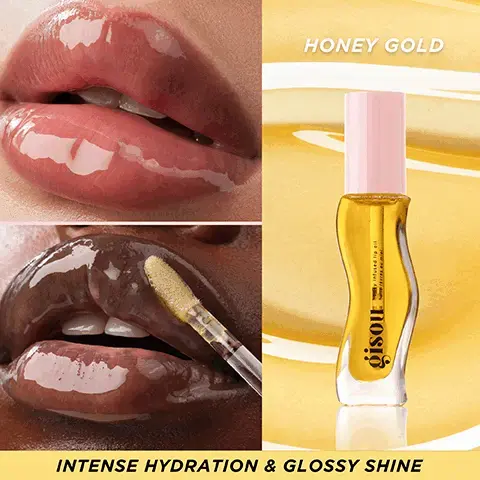 Image 1, gisou INTENSE HYDRATION & GLOSSY SHINE HONEY GOLD Image 2, MIRSALEHI HONEY Deeply hydrate HYALURONIC ACID Smooth + hydrate BEE GARDEN OILS Lock in moisture gisou Honey infused lip oil huile levres au miel Image 3, NEGIN MIRSALEHI WEARING HONEY GOLD