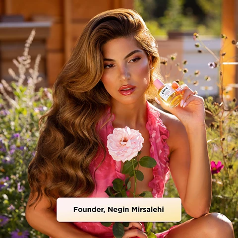 Image 1, founder negin mirsalehi. image 2, irresistible fragrance notes. wild rose and mirsalehi honey. vanilla and bergamot. image 3, scents with benefits - hydrates, adds shine, with UB filters. image 4, wild rose - mirsalehi honey, wild rose, vanilla. signature fragrance - mirsalehi, spring florals, mandarin. image 5, honey glow selfcare routine.