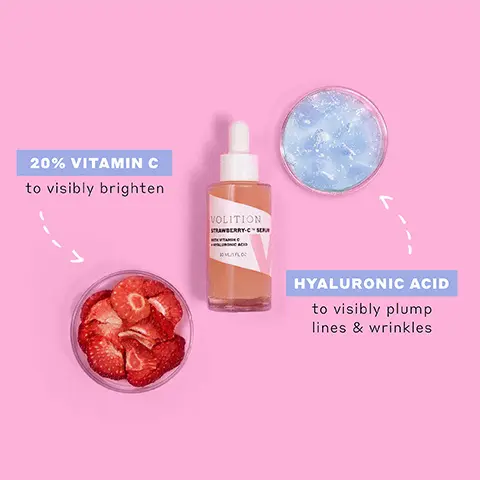 Image 1, 20% VITAMIN C to visibly brighten VOLITION STRAWBERRY-Cs 20 HYALURONIC ACID to visibly plump lines & wrinkles Image 2, Strawberry Kakadu Plum Brightens Hyaluronic Acid Soothes Smooths