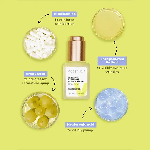Image 1, Niacinamide to reinforce skin barrier Grape seed to counteract premature aging VOLITION SEMILLON OVERNIGHT RETINOL SERUM SORA DE NUT Encapsulated Retinol to visibly minimize wrinkles 35 ML/FL OZ Hyaluronic acid to visibly plump Image 2, Grape Seed Encapsulated Retinol Age Defies Minimizes Look of Wrinkles Hyaluronic Acid Visibly Plumps