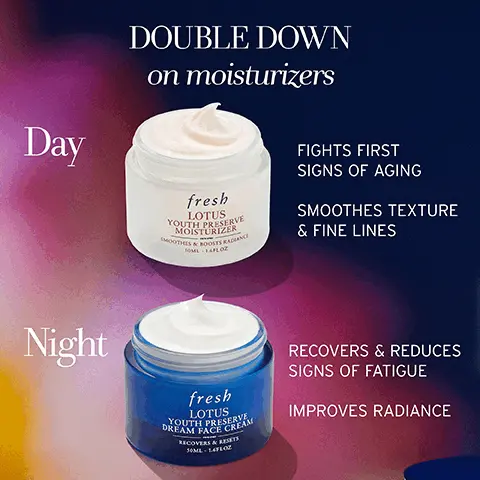 Image 1, Day DOUBLE DOWN on moisturizers Night fresh LOTUS YOUTH PRESERVE MOISTURIZER SMOOTHES & BOOTY WARANG SOL LAPLOZ FIGHTS FIRST SIGNS OF AGING SMOOTHES TEXTURE & FINE LINES fresh LOTUS YOUTH PRESERVE DREAM FACE CREAM RECOVERS & JML-LAFLO RECOVERS & REDUCES SIGNS OF FATIGUE IMPROVES RADIANCE Image 2, SUPERCHARGED Overnight recovery Super Lotus Peach leaf extract HELPS SKIN RECOVER OVERNIGHT SMOOTHES LINES & TEXTURE AND BOOSTS RADIANCE Polyglutamic acid LOCKS IN MOISTURE & COMFORTS Image 3, fresh LOTUS YOUTH PRESERVE DREAM FACE CREAM RECOVERS & RESETS 50ML 1.6FLOZ AFTER 28 NIGHTS, CONSUMERS SAW* +55% RADIANCE +36% *OBSERVED RESULTS, SELF-ASSESSMENT BY SCORING, 32 SUBJECTS, 4 WEEKS SMOOTHER LINES 22% SIGNS OF FATIGUE Image 4, Before After 4 weeks IMPROVED RADIANCE Image 5, Before After 4 weeks SMOOTHER FINE LINES Image 6, Before After 4 weeks IMPROVED RADIANCE
