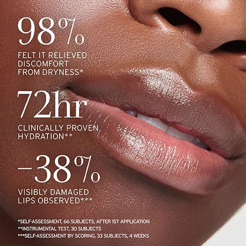 image 1, 98% felt it relieved discomfort from dryness. 72 hour clinically proven hydration. -38% visibly damaged lips observed. self assessment, 66 subjects, after 1st application. instrumental test, 30 subjects. self assessment by scoring, 33 subjects, 4 weeks. image 2, sugar for lasting hydration. plant based emollients to help soften and smooth. ceramide NP to help strengthen the skin barrier. image 3, advanced lip care, three ways. balm - smooth texture for everyday use. ointment - cushiony texture for harsh conditions. mask - rich texture for overnight nourishment