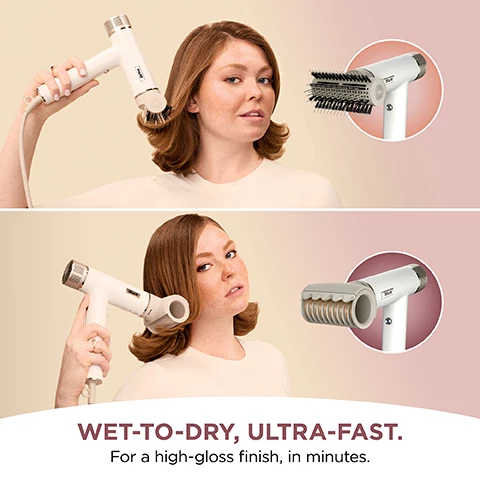 Image 1, wet to dry ultra fast. for a high gloss finish in minutes. image 2, what's inside the box? high speed, high gloss and no heat damage. speed and power in a compact and dynamic styling system. image 3, rapid gloss finisher - styles that look up to 6 times less frizzy. instantly smooths flyaways with coanda technology. a naturally shiny finish, ultra fast. coanda technology tames frizz and flyaways for a smooth, glossy finish. vs air drying based on a 600 person survey. image 4, lightweight digital hair dryer. speed style packs serious power with a high speed digital motor and never reached damaging heat levels. image 5, pre styling vs post styling. image 6, rapid gloss finisher uses the coanda effect to attract hair and tame frizz and flyawats for a smooth, glossy finish. IQ settings, air and temp. image 7, pre styling vs post styling. image 8, quicksmooth brush your answer for straight, full-body blow dried, dry volumise and smooth all at once. image 9, pre-styling vs post styling. image 10, defrizz fast diffuser. frizz-free curls on demand. extend or retract the prongs depending on your hair texture for fast, even drying from root to tip. IQ settings, air = 1, temp = 1. image 11, no heat damage. shark speed style measures and regulates temperatures 1000 times per second, never exceeding 110 degrees or reaching heat damaging temperatures. image 12, step 1 = quick smooth brush. step 2 = rapid gloss finisher. two steps to a smooth, glossy finish. image 13, for all hair kind