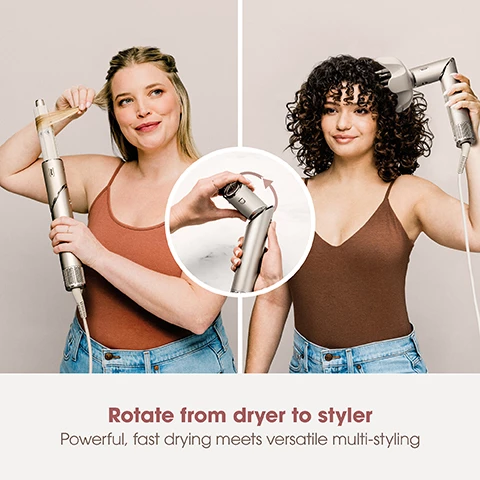 Image 1, rotate from dryer to styler. powerful, fast drying meets versatile multi styling. image 2, what's in the box - auto wrap curlers, paddle brush, oval brush, curl defining diffuser, styling concentrator. image 2, 3 heat and airflow settings. lock in your style with the cool shot button. image 3, paddle brush. straighten while you dry for sleek, smooth styles. best for straight, wavy, curly and coily hair. combination of boar and nylon bristles. image 4, oval brush dual bristles and powerful airflow smooth and defrizz, while adding volume and bounce. best for straight, wavy, curly and coily hair. combination of boar and nylon bristles. image 5, curl defining diffuser, fast even drying from root to tip. best for curly and coily hair. image 6, styling concentrator effortlessly dry and smooth your hair at the same time. best for straight, wavy, curly and coily hair. image 7, perfect for travelling compact and lightweight at just under 700g.