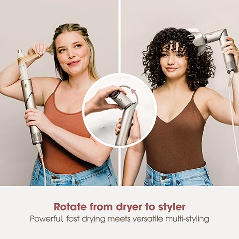 Image 1, rotate from dryer to styler. powerful, fast drying meets versatile multi styling. image 2, perfect for curly and coily hair. curl, volumise, smooth and define with 4 styling attachments. image 3, style while you dry with no heat damage. flex style measures heat 1,000 times per second ensuring consistent air temperatures. image 4, auto wrap curlers. coanda technology automatically wraps, curls and sets for hassle free curls in seconds. image 5, oval brush. powerful airflow and a combination of board and plastic bristles smooth and defrizz while adding volume and bounce. image 6, curl defining diffuser fast, even drying from root to tip. image 7, styling concentrator, effortlessly dry and smooth your hair at the same time. image 8, dual bristle types. more smoothness and shine, less frizz and flyaways with a combination of board and plastic bristles. vs air drying. image 9, transform your routine. flex your style. image 10, any hair type, any skill set. for all hair kind. image 11, what's in the box: flex style, auto-wrap curlers, oval brush, curl defining diffuser and styling concentrator. image 12, 3 heat and airflow settings, lock in your style with the cool shot button. image 13, perfect for travelling. compact and lightweight at under 700g. image 14, wraps, curls and sets automatically with coanda technology. image 15, extendable prongs. reach into the roots and add volume to curly hair of any length.