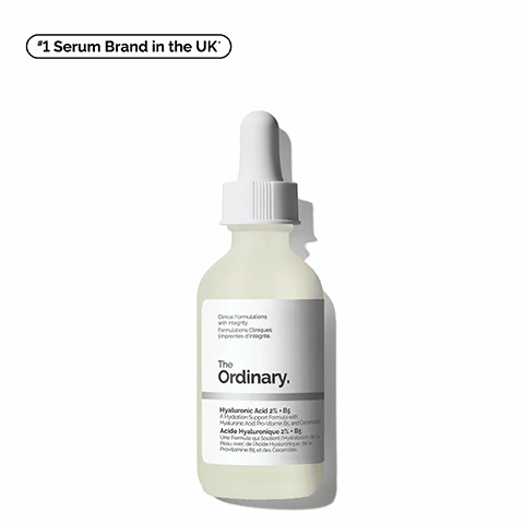 Image 1 - A dropper bottle of The Ordinarys Hyaluronic Acid 2% + B5 serum is shown, with a label that reads Clinical Formulations with Integrity, and the text *#1 Serum Brand in the UK* appears above the image.
              Image 2 - A close-up image of a clear tube filled with liquid, with text indicating Instant Results for: Plumping Hydration and Smoother-Feeling Skin.
              Image 3 - Image shows a before-and-after comparison of skin texture on the forehead, with visible differences in hydration and plumpness; text reads Visibly hydrates and plumps, Before, After, and includes a footnote stating Testing on 34 panellists using the product 2x/day.
              Image 4 - A close-up of a man applying a skincare product to his cheek, showcasing a smooth, hydrated complexion, with visible text labels reading Hydrating, Smoothing, and Plumping.
              Image 5 - Image of a dropper bottle with a clear serum on a flat surface, featuring text that highlights key ingredients in Hyaluronic Acid 2% + B5 with Ceramides, including 5 forms of Hyaluronic Acid providing hydration to multiple layers of the skin, Ceramides supporting the skin barrier, and Pro-vitamin B5 helping keep moisture locked in.
              Image 6 - An infographic about The Ordinarys Hyaluronic Acid 2% + B5, featuring a dropper bottle illustration, and tips for pairing the product with different hacks for hydrating lips, body, hands, and face, along with details on using it after microneedling, and visible text includes THINK OUTSIDE THE BOTTLE, LIPS + HA, BODY HACK, NATURAL MOISTURIZING FACTORS + HA, HAND HACK, FACE HACK, and MICRONEEDLING.
              Image 7 - Image shows three skincare products from The Ordinary: Squalane Cleanser for prepping, Hyaluronic Acid 2% + B5 for treatment, and Natural Moisturizing Factors + HA for sealing; visible text reads Build Your Regimen, Cleanse skin and remove makeup, Hydrate and plump the skin, and Supports the skin barrier.
              Image 8 - Image shows two glass bottles of a skincare product, one labelled 30 mL as standard and suitable for travel, and the other labelled 60 mL as bigger and value size, with additional text indicating the product is Hyaluronic Acid 2% + B5 from The Ordinary.