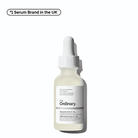Image 1 - A clear glass dropper bottle of hyaluronic acid serum labeled The Ordinary with visible text stating Clinical Formulations with Integrity, Hyaluronic Acid 2% + B5, and *1 Serum Brand in the UK.
              Image 2 - A clear glass tube filled with liquid shows bubbles inside, with text that reads Instant Results for: Plumping Hydration and Smoother-Feeling Skin.
              Image 3 - Two side-by-side close-up images of a forehead showing skin texture before and after using a skincare product, with visible text labeling Before at the top and After at the bottom; an oval circle highlights a wrinkle in both images, and additional text states Testing on 34 panellists using the product 2x/day.
              Image 4 - A close-up of a person applying skincare to their cheek, showcasing a healthy, hydrated complexion, with the words Hydrating, Smoothing, and Plumping displayed on the left side.
              Image 5 - Image showing a dropper with a clear serum and a small amount of serum on a flat surface, accompanied by text describing key ingredients in Hyaluronic Acid 2% + B5 (with Ceramides): 5 Forms of Hyaluronic Acid, Provides hydration to multiple layers of the skin, Ceramides, Supports the skin barrier, Pro-vitamin B5, Helps keep moisture locked in.
              Image 6 - A black and white illustration featuring a dropper bottle labeled Hyaluronic Acid 2% + B5 from The Ordinary, with icons and text describing various hacks for using the product on lips, hands, body, and face for hydration, alongside other products like a lotion and tube, with the tagline Think outside the bottle at the top.
              Image 7 - Image shows three skincare products by The Ordinary: a tube of Squalane Cleanser with text stating Cleanses skin and removes makeup, a dropper bottle of Hyaluronic Acid 2% + B5 with text Hydrate and plump the skin, and a tube of Natural Moisturizing Factors + HA with text Supports the skin barrier, along with the header Build Your Regimen.
              Image 8 - Image shows two glass dropper bottles of skincare serum displayed on a light background, with text indicating the sizes as 30 mL, standard and suitable for travel, and 60 mL, bigger and value size, along with the product name The Ordinary and details about the formulation.