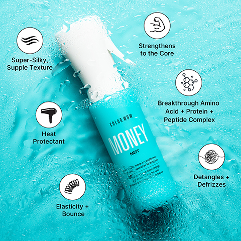A teal spray bottle labeled Color Wow Money Mist is positioned on a wet teal background, surrounded by circular icons and text highlighting product benefits: Super-Silky, Supple Texture, Heat Protectant, Elasticity + Bounce, Strengthens to the Core, Breakthrough Amino Acid + Protein + Peptide Complex, and Detangles + Defrizzes.