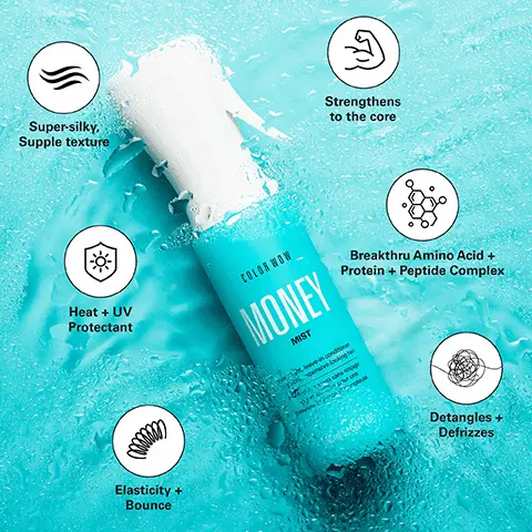 Image 1, ﻿ Super-silky, Supple texture Strengthens to the core Heat + UV Protectant Elasticity + Bounce COLOR WOW MONEY MIST leave-in condo pensive looking har Breakthru Amino Acid + Protein + Peptide Complex re Detangles + Defrizzes Image 2, ﻿ CLINICALLY- PROVEN 69%* less breakage after one use 82%* less frizz in one use *vs. control