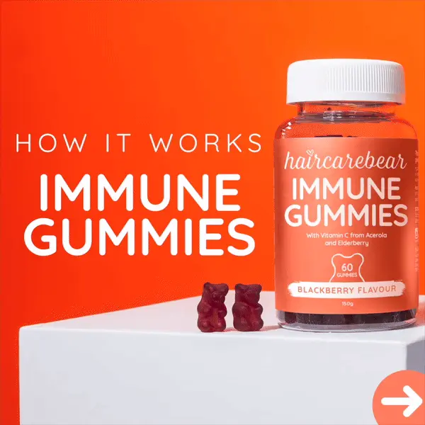 How it works Immune Gummies. On a mission to support your immune system. Acerola and elderberry help reduce the severity of cold and flu. 20mg of Vitamin C per serve. Vegan Blackberry Flavour, Gluten Free 