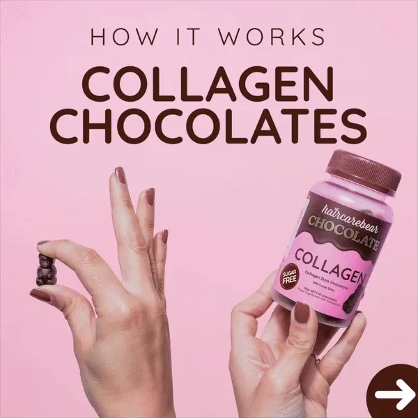 How it works Collagen Chocolates. Packed with gut friendly live bacteria. Sugar free, toffee flavour. 1,000mg type 1 and type 3 hydrolyzed collagen per serve. Vibrant, radiant, skin and overall-well beaing.