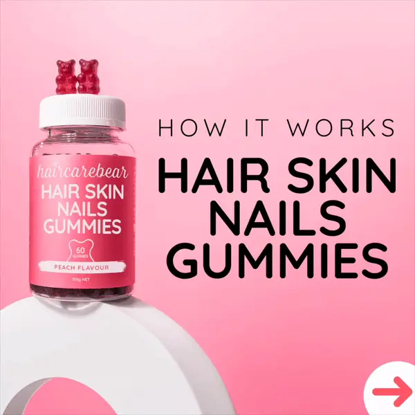 How it works Hair Skin Nails Gummies. One shot beauty boost. Support collagen formation, hair growth and nail strength. 
              Gluten free vegan peach flavour. One shot beauty boost. Biotin, Since, Bitamin E, Vitamin C. 