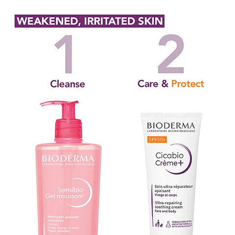 Image 1, weakened irritated skin. 1 = cleanse. 2 = care and protect. image 2, 93% the product prevents the appearance of brown spots. clinical study post laser on face for 14 days - 31 subjects with a tendency to hyperpigmentation. image 3, apply cicabio creme SPF 50+ to the weakened area. 2 = make small circular movements on the scar with your fingertips. 3 = grap folds of skin between your thumb and forefinger and slide your fingers along the scar. not all scars can be massaged, always consult your healthcare professional first. image 4, optimal repair patent antalgicine. decode our formulas on ask.naos.com