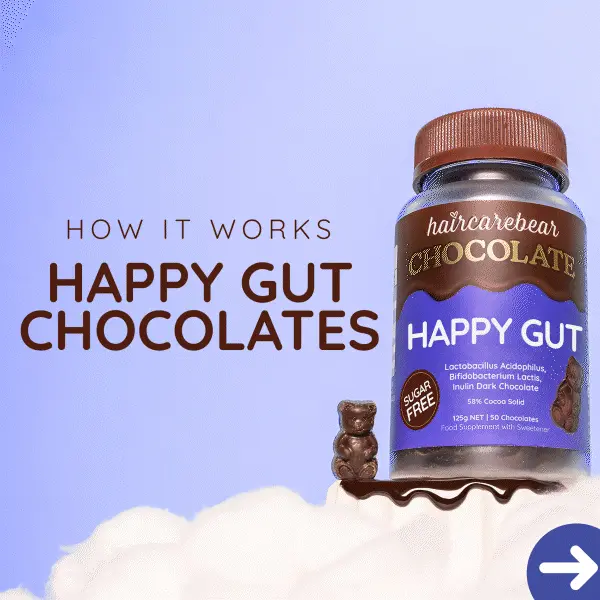 How it works Happy Gut chocolates. Support your digestive wellness. Packed with gut friendly live bacteria. 3.8 billion probiotics per serving. Sugar free, vegetarian, vanilla flavour.
