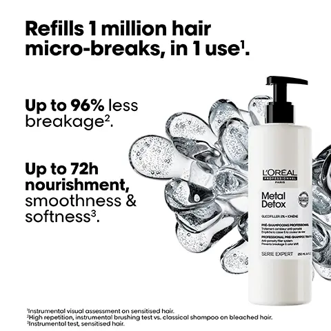Refills 1 million hair micro-breaks, in 1 use. Up to 96% less breakage. Up to 72h nourishment, smoothness and softness. Instrumental visual assessment on sensitised hair. High repetition, instrumental brushing test vs. classical shampoo on bleached hair. Instrumental test, sensitised hair. Before and After usage of the full professional routine of Metal Detox and styling. A professional 3-step routine for fine-to-medium hair 01 Prepare 02 Cleanse 03 Style. A professional 5-step routine for thick and sensitised hair. 01 Prepare 02 Cleanse 03 Treat 04 Protect 05 Style. Hair porosity is observed at 2 levels, contributing to hair breakage. Inside the hair. Cavities can form inside damaged hair, leading to more absorption of water with metal. On the surface. When cuticles are opened, lifted or develop mirco-breaks due to daily aggressions, more water with metal can penetrate inside the hair. Micro-breaks are a disruption of the protective cuticle layer which are the first signs of damage. This leads to higher risks of breakage. Our fragrance. Grapefruit flower, Salty bergamot, Guaiac wood.