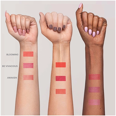 swatches of blooming, be vivacious and awaken on three different skin tones