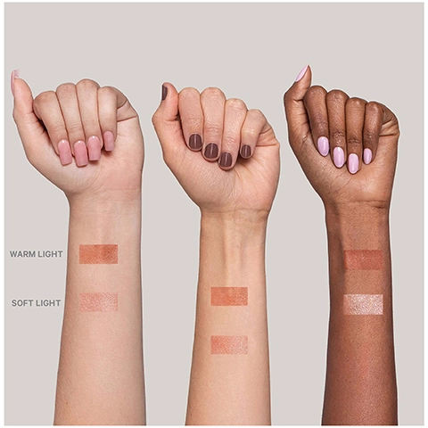 swatches of warm light and soft light on three different skin tones