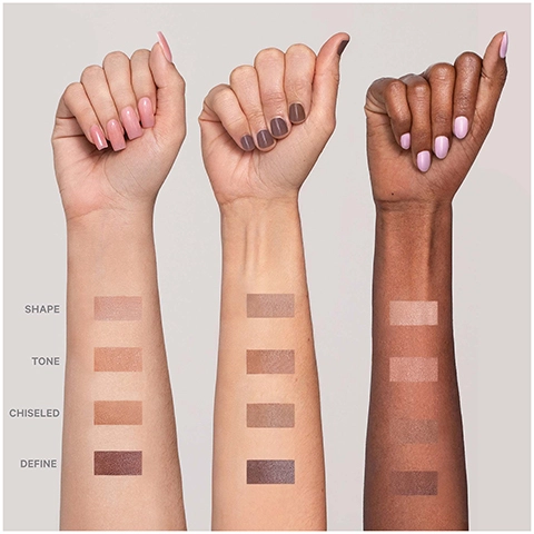 swatches of shape, tone, chiselled and define on three different skin tones