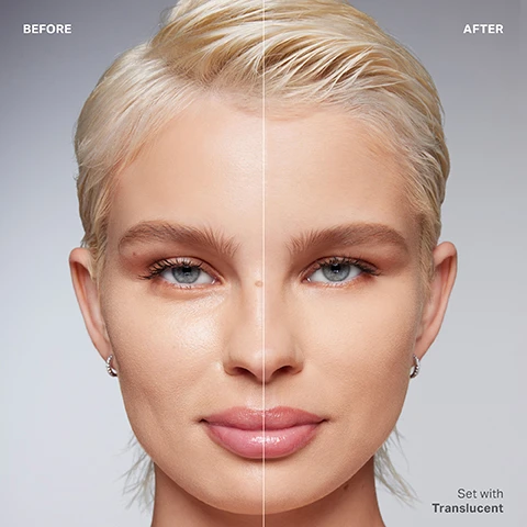 Image 1 - A split image shows a womans face with the left side labeled BEFORE displaying uneven skin texture and the right side labeled AFTER showing smoother skin, with visible text Set with Translucent.
              Image 2 - The image shows various shades of loose powder arranged in swatches alongside clear containers, labeled as Translucent Rich, Banana, Translucent, Brightening Pink, Banana Rich, and Brightening Peach.
              Image 3 - Image of a container of powder with the text stating ULTIMATE STAYING POWDER, and features including ALL-DAY PERFORMANCE, SOFT, NATURAL FINISH, and POWDER, PERSONALIZED.
              Image 4 - Color wheel showcasing various makeup shades labeled Brightening Pink, Translucent, Brightening Peach, Translucent Rich, Banana, and Banana Rich, with descriptions of their suitability for different skin tones and effects, centered around the Morphe logo.
              Image 5 - Image shows three jars of setting powder labeled Mini, Regular, and Jumbo, with descriptions indicating their uses: For on-the-go setting, For everyday setting, and For setting with savings, along with the brand name Morphe on the lids.
              Image 6 - Image shows two containers of Morphe Bake & Set Setting Powder, one with a black lid on the left and one with a white lid on the right, with loose powder scattered around them; text reads NEW LOOK, SAME FAVORITE FORMULA and Bake & Set Setting Powder is getting a new look. For a limited time, packaging may vary.