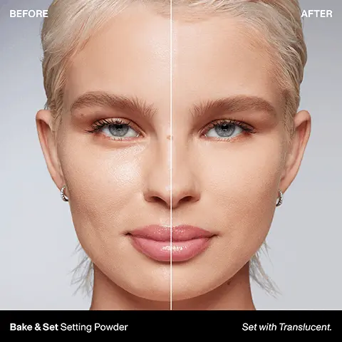 Before. After. Bake & Set Setting Powder. Set with Translucent. Ultimate staying power. All-day setting, locks in your look for up to 16 hours of wear and minimizes shine for up to 24 hours. Soft, natural finish, sweeps on with an imperceptible, silky, lightweight feel, while smoothing pores and fine lines. Versatile application, available in mini, regular and jumbo sizes for on-the-go or everyday artistry. Based on a clinical study of 32 subjects when worn with foundation vs. when wearing foundation alone. Bake and set. Setting Powder. Mini meets major. A must-have now available in three sizes. Mini for on-the-go setting. Regular for everyday setting. Jumbo for setting with savings. Bake and set. Setting powder. Find your bake and set shade. Fair skin tones Set Translucent. Brighten & Colour Correct Brightening Pink. Light Skin Tones, Translucent, Brightening Pink, Banana. Medium Skin Tones, Translucent, Brightening Pink, Banana. Tan Skin Tones, Translucent, Banana. Rich Skin Tones, Translucent Rich, Banana Rich. Deep Skin Tones, Translucent Rich, Banana Rich.