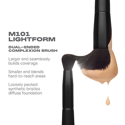 image 1, M101 lightform, dual ended complexion brush. larger end seamslessly builds coverage. smaller end blends hard to reach areas. loosely packed synthetic bristles diffuse foundation. image 2, how to clean your morphe makeup brushes. 1 = wet bristles with warm water and a gentle cleanser. 2 = swirly bristles on the palm of your hand. 3 = rinse and repeat until water appears clear. 4 = gently squeeze out any excess moisture. 5 = place brush flat or upside down to air-dry. caution avoid using hot water and wetting handles and features.