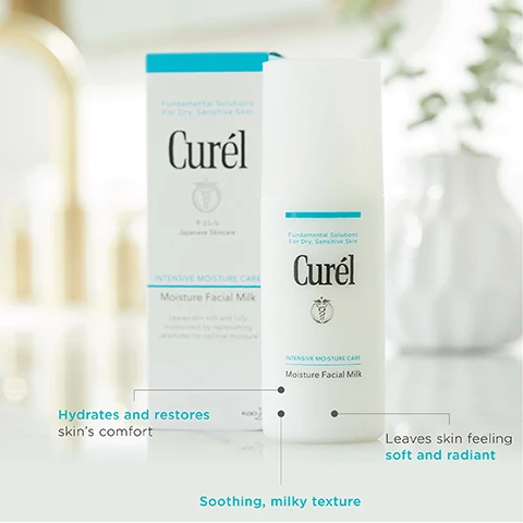 Image 1, hydrates and restores skin's comfort. soothing, milky texture, leaves skin feeling soft and radiant. image 2, working from the inside to the outside in long soft strokes. smooth milk over face. apply 3-4 pumps to cheeks, forehead, nose and chin. image 3, step 1 and 2 = double cleanse, step 3 and 4 = double moisturise, step 5 = nourish. image 4, number 1 in japan for sensitive skin.