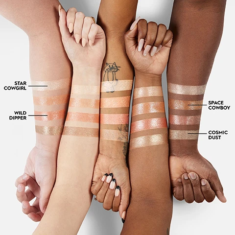 image 1, swatches of star cowgirl, wild dipper, space cowboy and cosmic dust on 5 different skin tones. image 2, space rider. image 3, key benefits = iconic moondust formula, buildable intense shades, glitter finish