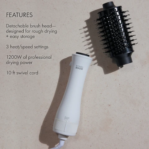 features - detachable brush head - designed for rough drying and easy storage. 3 heat and speed settings. 1200W of professional drying power. 10ft swivel cord.