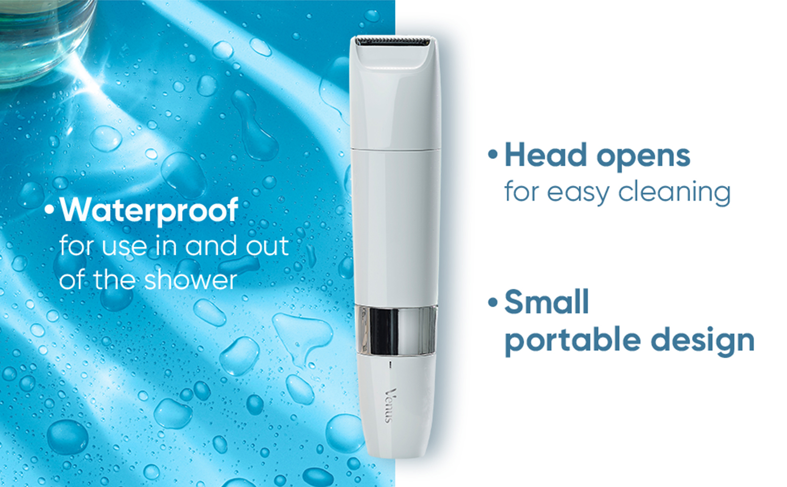 'Waterproof for use in and out of the shower. Head opens for easy cleaning.
                                  Small portable design.