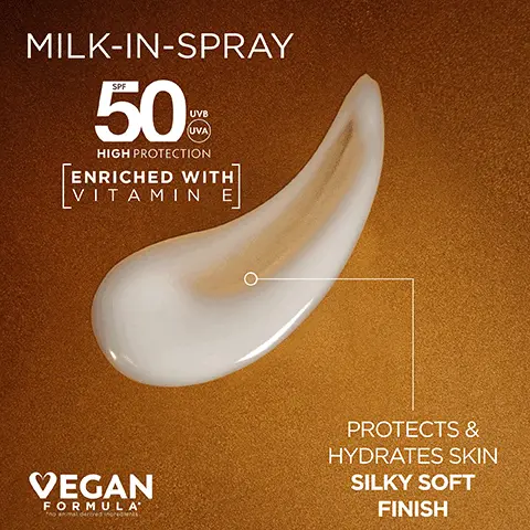 Image 1, MILK-IN-SPRAY SPF 50% UVB UVA HIGH PROTECTION ENRICHED WITH VITAMIN E VEGAN FORMULA PROTECTS & HYDRATES SKIN SILKY SOFT FINISH Image 2, LUXURIOUS LIGHTWEIGHT MILKY FORMULA UNIFORM & GLOWING TAN PROTECTS AGAINST SUN-INDUCED SKIN AGEING NON-GREASY. NON-STICKY TRANSPARENT FINISH ON SKIN Image 3, CHOOSE YOUR IDEAL BRONZE MILK-IN-SPRAY SPF50 TAN ENHANCING OIL SPF30 GARNIOR AMBRE SOLAIRE IDEAL bronze MILK IN SPRAY 50% CARNIOR AMBRE SOLAIRE IDEAL bronze TAN ENHANCING OIL 30 PROTECTS & HYDRATES SKIN SILKY SOFT FINISH PROTECTS & ENHANCES NATURAL TAN SATIN GLOW FINISH Image 4, CHOOSE YOUR IDEAL BRONZE MILK-IN-SPRAY SPF50 TAN ENHANCING OIL SPF30 GARNIOR AMBRE SOLAIRE IDEAL bronze MILK IN SPRAY 50% CARNIOR AMBRE SOLAIRE IDEAL bronze TAN ENHANCING OIL 30 PROTECTS & HYDRATES SKIN SILKY SOFT FINISH PROTECTS & ENHANCES NATURAL TAN SATIN GLOW FINISH