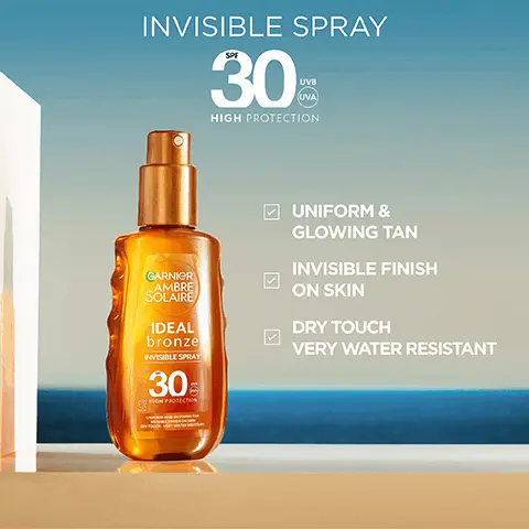 Image 1, Image 1, INVISIBLE SPRAY 30% UVB UVA HIGH PROTECTION GARNIER AMBRE SOLAIRE IDEAL bronze INVISIBLE SPRAY 30€ HIGH PROTECTION UNIFORM & GLOWING TAN INVISIBLE FINISH ON SKIN DRY TOUCH VERY WATER RESISTANT Image 2, SPF 30 HIGH PROTECTION AGAINST UVB, UVA PRACTISE SAFER SUN Image 3, RECOGNISING RESEARCH FOUN IN GARNIER'S NOI SKINCARE INTO A BEAUTIFUL TAN DESERVES HIGH PROTECTION Image 4, FOR ALL SKIN TYPES & TONES PRACTISE SAFER SUN Image 5, IDEAL bronze A BEAUTIFUL TAN DESERVES HIGH PROTECTION CHOOSE YOURS GARNIER AMBRE SOLAIRE IDEAL bronze TAN ENHANCING OF 15 GARNIOR AMBRE SOLAIRE IDEAL bronze NVISIBLE SPRAY 30 GARNIOR AMBRE SOLAIRE IDEAL bronze MLK-IN SPRAY 30 GARNIER AMBRE SOLAIRE IDEAL bronze ALOCHO 50