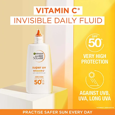Image 1, vitamin c invisible daily fluid. SPF 50+ very high protection against UVB, UVA and long UVA/ practise safer sun every day. image 2, fluid texture, invisible finish. lightweight, non greasy, non sticky. practise safer sun every day. image 3, suitable for sensitive skin. reduces the appearance of dark spots. 85% agree skin looks more radiant and glowing. non comedogenic. cruelty free, practice safer sun everyday. image 4, dermatologically tested. british skin foundation recognising garniers research into skincare. garnier ambre solaire approved by our board of dermatolgists. practice safer sun everyday. image 5, formulated to protect all skin tones. vegan formula. practice safer sun everyday.