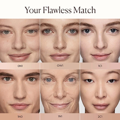 Image 1, your flawless match. model shots of 0N1, 0W1, 1C1, 1N0, 1N1, 2C1. image 2, your flawless match, model shots of 4C0, 4C1, 4N1, 4N2, 5C1, 5W1. image 3, your flawless match model shots of 5C1, 5W1, 6C1, 6N1, 6W1, 7N1. image 4, swatches of 0N1, 0W1, 1C1, 1N0, 1N1, 2C1, 4C0, 4C1, 4N1, 4N2, 5C1, 5W1, 5C1, 5W1, 6C1, 6N1, 6W1, 7N1 on three different skin tones. image 5, powered by 85% skincare ingredients. paracress smooths and firms skin. hydro-lipid matrix immediate and time-released hydration. cocoa extract protects against environmental stressors. image 6, weightless serum infused texture, 16 hour wear crease proof, natural skin like finish, all day hydration. image 7, Flawless Shade Guide Flawless Fusion Concealer - Real Flawless Concealer Intensity Level LEVEL O LEVEL I LEVEL 2 LEVEL 3 LEVEL 4 LEVEL 5 LEVEL 6 LEVEL 7 RF Foundation OCI OPAL ONI SILK owl SATIN COOL VANILLE IWI CASHMERE IC2 CHIFFON I N2 VANILLE 2,C1 ECRU 2Nl CASHEW MACADAMIA 2C2 SOFT SAND 2N2 LINEN 2W2 WARM LINEN 3W0 SANDSTONE 3C1 DUNE 3Nl BUFF DUSK 3C2 TOFFEE 3N2 CAMEL aco CHESTNUT 4C1 PRALINE GINGER SUNTAN 4N2 TEA SEPIA 5Nl CINNAMON SIENNA 5N2 CARDAMOM MINK owl GANACHE CLOVE 7N1 JAVA RF Concealer ON I ONI owl I NO ICl 2Nl 2C2 2Nl 2W1 3Nl 3W2 3N1 3Nl aco 4N2 LIN2 Flawless Fusion Concealer O.5N