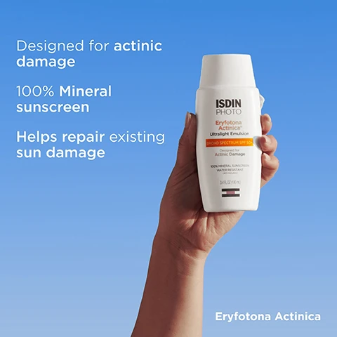Image 1, designed for actinic damage. 100% mineral sunscreen. helps repair existing sun damage. image 2, broad spectrum, water resistant, non comedogenic, for daily use. image 3, zinc oxide 100% mineral sunscreen, DNA repairsomes help repair sun damage. vitamin e - antioxidant. image 4, lightweight texture, fast absorbing, ultralight emulsion. image 4, re-apply after 40 minutes of swimming or sweating, after towel drying at least every 2 hours. image 5, eryfotona ageless - tinted sunscreen with natural coverage. eryfotona actinica classic sunscreen with an invisible finish.