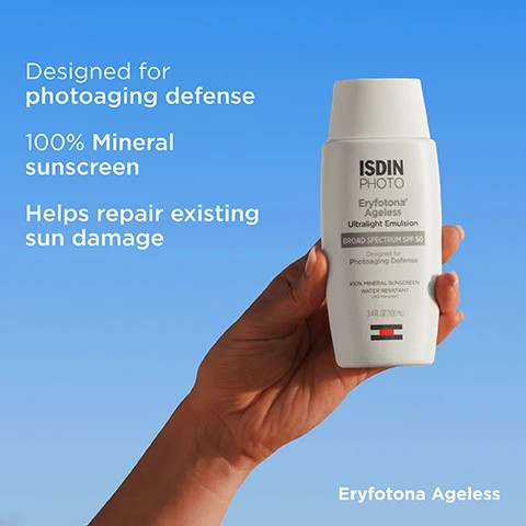 Image 1, designed for photoageing defense, 100% mineral sunscreen, helps repair existing sun damage. image 2, broad spectrum, water resistant, non comedogenic, versatile tint. image 3, lightweight texture, fast absorbing, ultralight emulsion. image 4, after 12 weeks, users noted: 93% doesn't leave my skin oily, 97% provides a natural finish, 91% decrease in fine lines, 85% my skin feels firmer. data on file, ISDIN corp. image 5, zinc oxide 100% mineral sunscreen, DNA repairsomes help repair sun damage. pepetide Q10 combats photoaging. image 6, reapply after 40 minutes of swimming or sweating, after towel drying and at least every 2 hours. image 7, eryfotona ageless - tinted sunscreen with natural coverage. eryfotona actinica classic sunscreen with an invisible finish.