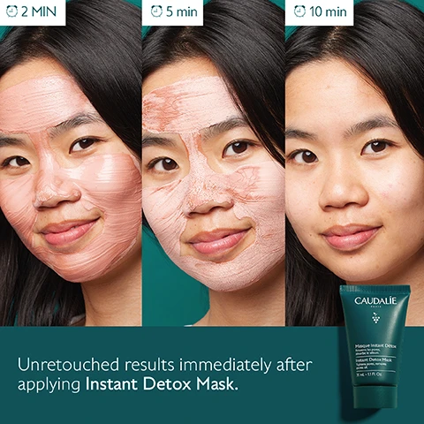 Image 1 - A woman with a facial mask on her skin is shown in three images: one at 2 minutes, one at 5 minutes, and one at 10 minutes, with visible text stating Unretouched results immediately after applying Instant Detox Mask and the product details for Caudalie Instant Detox Mask.
              Image 2 - A woman with a facial treatment showing visibly dry patches and redness on her skin gazes slightly to the side, accompanied by the text Clear skin in 5 minutes and 95% saw pores tightened*.
              Image 3 - Image of a green tube of Caudalie Instant Detox Mask, with pink clay swatches in the background; visible text includes information about the products ingredients and benefits such as Pink clay absorbs sebum, Organic Grape marc stimulates blood circulation, and Coffee extract anti-oxidant.
              Image 4 - A person with a smiling expression is wearing a pink facial mask, showcasing clear skin, with the text Fresh and glowing complexion 100% detox effect* displayed on the right side.
              Image 5 - Two green tubes of Caudalie Instant Detox Mask are displayed on a background featuring a peach-colored cream smear, with the larger tube labeled Full-size 75mL and the smaller tube labeled Travelsize 35mL.
              Image 6 - Image shows two tubes of Caudalie Instant Detox Mask side by side, labeled Before and Now, with the text New Instant Detox Mask above and New pack, same formula below.
              Image 7 - An illustrated hand holds a tube of Caudalie Instant Detox Mask against a teal background, with instructional text on how to recycle the product, including steps to dispose of the tube and recycle the cap with TerraCycle.