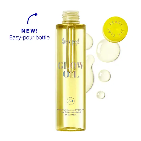 Image 1, NEW! Easy-pour bottle Supertoop! О 50 actrum Sunscreen SPF 50% Reute 80 minut READY PLAY SET Image 2, BEHIND THE BOTTLE KEY INGREDIENTS ARGAN OIL High in vitamin E & fatty acids, nourishes skin without feeling greasy Supergoop! MO Super geap GLO GRAPESEED OIL A skin-loving oil to nourish & help protect from environmental aggressors MEADOWFOAM SEED OIL Nourishes skin & helps lock in moisture Sun an Laz 48 m Fasisti (80 mi SPER Image 3, Silky, lightweight body oil + SPF 50