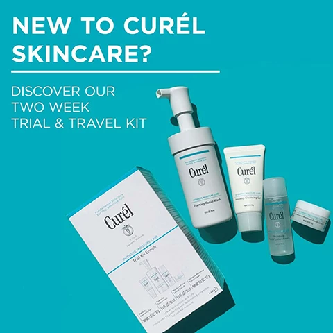 Image 1, new to curel skincare? discover our two week trial and travel kit. image 2, step 1 and 2 = double cleanse, step 3 and 4 = double moisturise, step 5 = nourish. image 3, number 1 in japan for sensitive skin.