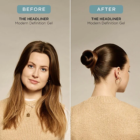 Image 3 - A split image displays a before and after comparison of a womans hair, with the left panel showing her with long, loose hair and the right panel showing her hair styled into a sleek bun, accompanied by the visible text BEFORE, AFTER, and THE HEADLINER Modern Definition Gel. Image 4 - A hand holds a light blue tube of Arkive The Headliner Modern Definition Gel, displayed next to usage instructions and tips that read: HOW TO USE: For curl perfection - work through freshly washed hair, combing from root to tip and allow hair to dry naturally or with a diffuser. For a slick finish - work into dry or damp hair and smooth with a brush or comb, allow to dry naturally or with gentle heat. TOP TIPS: Mix with The Good Habit Hybrid Oil to enhance gloss and shine. Smooth a dab over edges and flyaways for sleek buns, ponies, or braids. The tube itself has text that says: ARKIVE THE HEADLINER MODERN DEFINITION GEL GEL DE DEFINITION MODERNE BY ADAM REED 180 mL e 6.0 FL. OZ. (US). Image 5 - A light blue Arkive hair product tube labeled The Headliner Modern Definition Gel Gel Définissant Moderne 100ml e 3.38 FL. OZ (US) rests on rolls of paper and fabric, with accompanying text reading Vitamin E to support scalp health, Baobab Oil for scalp moisture & hair shine, and Linseed Extract locks in hydration. Image 7 - The image displays fresh red tomatoes, honeysuckle flowers, redcurrants, and a rhubarb stalk on a light background, with text that reads: SMELLS LIKE: NO ONE ELSIE. A fresh and elevated fragrance inspired by Adams grandmothers English greenhouse. HEAD NOTES RHUBARB TOMATO LEAF. HEART NOTES HONEYSUCKLE REDCURRANT. GROUND NOTES VETIVER INCENSE. Image 8 - A man with a beard and glasses, holding a light blue product tube, styles a womans hair, with text Made Without: Aluminium, Ammonia, Lactose, Latex, Mineral Oil, Parabens, Silicone, Sulphate, Gluten, Talc, and icons for Vegan, Certified B Corporation, Made with Recycled Content, Cruelty Free International, and Award Winning.