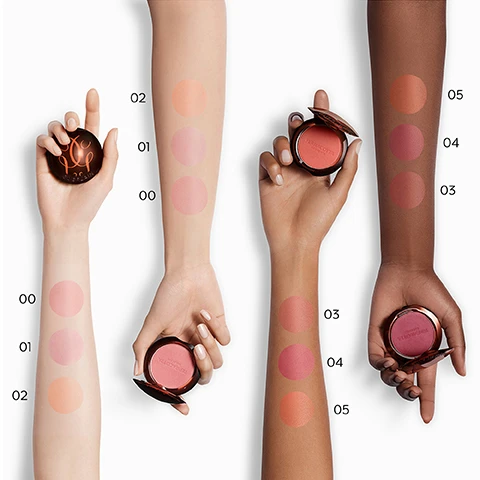 Image 1, swatches of 00, 01, 02, 03, 04, 05 on 4 different skin tones. image 2, up to 96% natural origin. based on ISO 16128 standard terracotta bronzing powder and terracotta light 96% natural origin, terraotta blush 90% natural origin