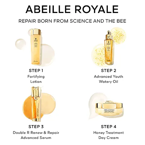 Image 1, ABEILLE ROYALE REPAIR BORN FROM SCIENCE AND THE BEE STEP 1 Fortifying Lotion STEP 2 Advanced Youth Watery Oil STEP 3 Double R Renew & Repair Advanced Serum STEP 4 Honey Treatment Day Cream Image 2, SKIN DEHYDRATION IS REDUCED: -20%1 ABEILLE ROYALE OSON FORTANTE FORTRYING LOSON Guerlain FORTIFYING LOTION Instruments tout, single opplication by voltors, results ofter 24 hours Image 3, VISIBLY PLUMPED-UP SKIN REPAIRS X9 FASTER' ABEILLE ROYALE ADVANCED Wes GUERLAIN ADVANCED YOUTH WATERY OIL Instrument test, 20 volunteers, 2 applications per day after 3 days Image 4, SKIN IS LIFTED: +52% BRIGHTER: +63%1 E ABEILLE ROYALE DOUBLE RENEW & REPAIR ADVANCED SERUM GUERLAIN DOUBLE R RENEW & REPAIR ADVANCED SERUM "Self-Gesessment by scoring. 35 women China, 2 applications per day, offer 1 month Image 5, FIRMNESS: +57% WRINKLES: -48% SMOOTHNESS: +98% RADIANCE: +63%1 GUERLAIN ABEILLE ROYALE HONEY TREATMENT CRÈME JOUR DAY CREAM HONEY TREATMENT DAY CREAM "Clinical messures avaluated by on independent demonclogist. 33 werman Europa day use once a day results ofter 1 month