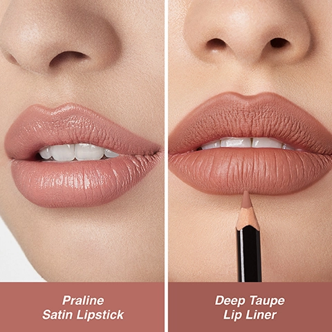 Praline Satin Lipstick. Deep Taupe Lip Liner.