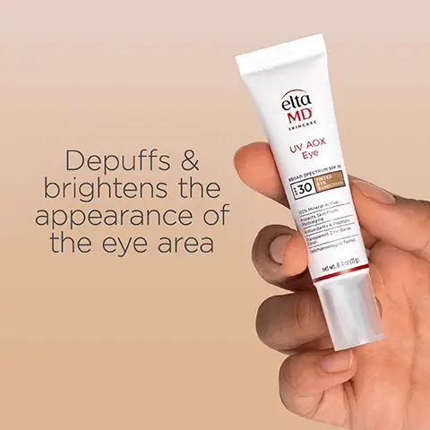 Image 1, Depuffs & brightens the appearance of the eye area elta MD SKINCARE UV AOX Eye BROAD SPECTRUM S 130 Image 2, # 1 Dermatologist Recommended Professional Sunscreen Brand Image 3, Gentle & non-irritating protection for the delicate eye area elta MD SKINCARE UV AOX Eye BROAD SPECTRUM S 30 net wit. 0.4 cz Image 4, THINK ZINC OXIDE Natural mineral compound that works as a sunscreen agent by reflecting and scattering UVA and UVB rays. Zn Think Zinc Image 5, elta MD SKINCARE UV AOX Eye BROAD SPECTRUM SPF 30 $30 TINTED EYE SUNSCREEN 100% Mineral Active Protects From Adants & Peptides sparent Zinc Oxide Ophthalmologist Tested ACTIVE INGREDIENTS 15.0% Zinc Oxide net wt.0.40 (1) Image 6, Paraben-free Fragrance-free Dye-free Dermatologically Ophthalmologist tested tested Image 7, Explore the AOX collection elta MD UV AOK Elements 150 elta MD UV AOX Mi 140 MO Image 8, Trusted by Dermatologists. Loved by skin. For over 30 years, EltaMD has been creating innovative products that cater to all skin types and conditions, from cosmetically elegant sunscreen to skincare that repairs and rejuvenates skin. Image 9, Free From oxybenzone parabens ◇ fragrances ◇ dyes
