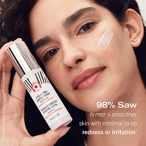 Image 1, 98% saw firmer and smoother skin with minimal to no redness or irritation. in a consumer perception study of 50 sensitive skin consumers after 10 days. image 2, retinol designed for sensitive skin. image 3, 24 hours of soothing hydration to restore skin's surface barrier. image 4, firming face routine with a sensitive side. face cleanser, retinol eye cream, 0.3% retinol complex serum, firming cream
