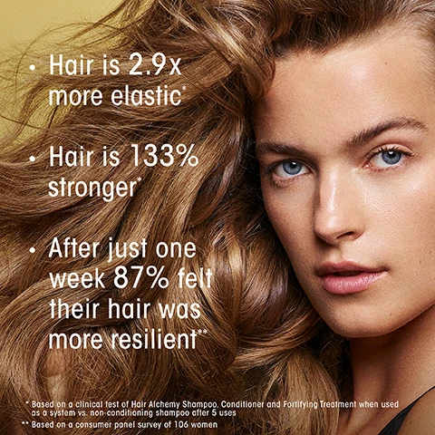 Image 1, hair is 2.9 times more elastic, hair is 133% stronger. after just one week 87% felt their hair was more resilient. based on a clinical test of hair alchemy shampoo, conditioner and fortifying treatment when used as a system vs non conditioning shampoo after 5 uses. based on a consumer panel survey of 106 women. image 2, multi action hyaluronic acid complex delivers a surge of moisture to restore elasticity. curative blend of chia seed, plant based protein and bamboo leaf forms a protective veil while building strength from within.