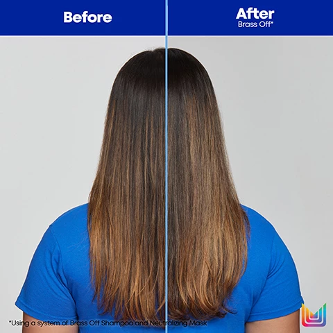 Image 1, before and after using a system of brass off shampoo and neutralizing mask. image 2, blue shampoo cleanses and tones, neutralises brassy orange undertones, suitable for brunette and dark blonde hair. image 3, brass off conditioner softens and hydrates, helps to neutralise orange tones in light brunettes, colour protecting formula. when using a system of brass off shampoo, conditioner and mask. image 4, mega sleek - heat protection for up to 230 degrees, smooths hair and provides all day humidity resistance, leaves hair feeling softer and smoother without adding weight. infused with shea butter.